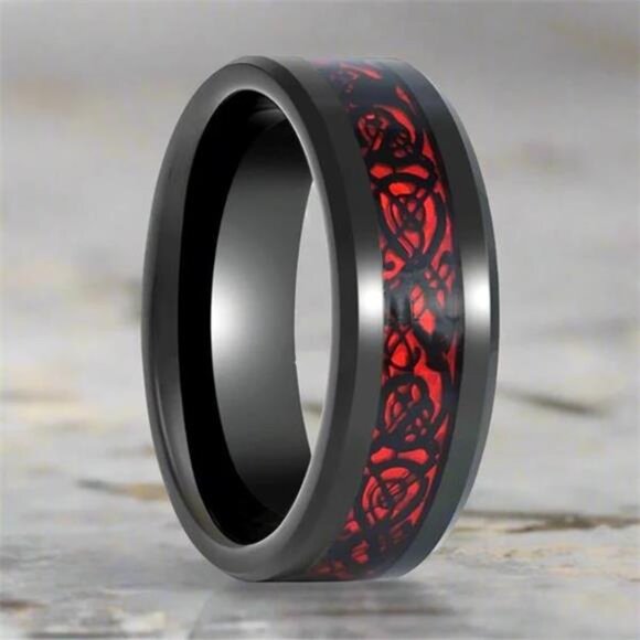 Men's Wedding Band Rings - Red Celtic Dragon Black Carbon Fiber - Wedding Rings - Picture 3 of 5